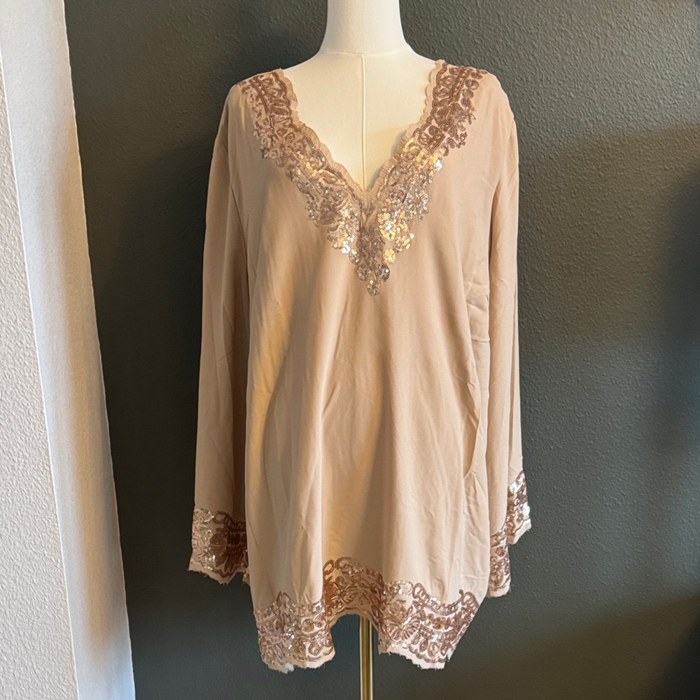 Beautifully detailed lined Beige Lace Trim Women's Top